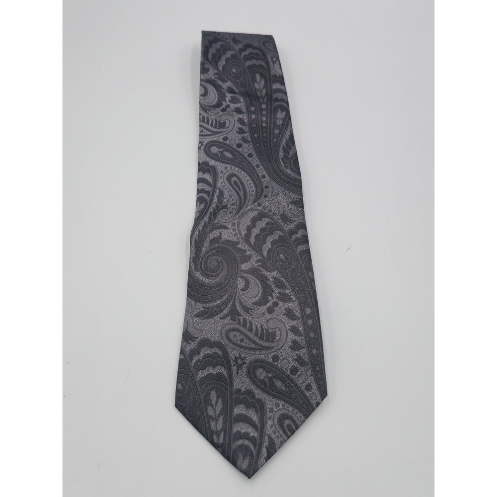 Albert Nipon Mens Silk Tie Charcoal Grey Silver Tonal Paisley Woven Jacquard